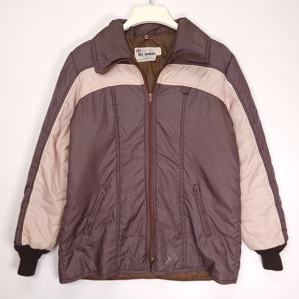 Vintage Kmart Ski Jacket Brown Tan Colorblock Packable Hood Puffer Womens L